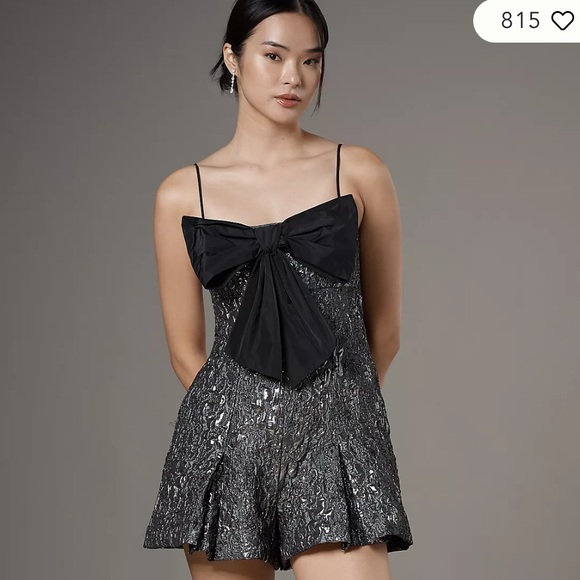 Maeve Bow Front Jacquard Romper Black Silver Party Holiday Size 6 Anthropologie